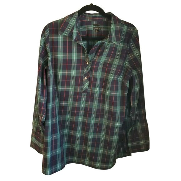 Talbots Women's Green Tartan Plaid Blouse Size 10 Non Iron Rhinestone Button - Picture 1 of 5